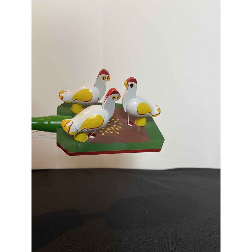 Pecking Hen Toy Vintage Wood Green White Chicken